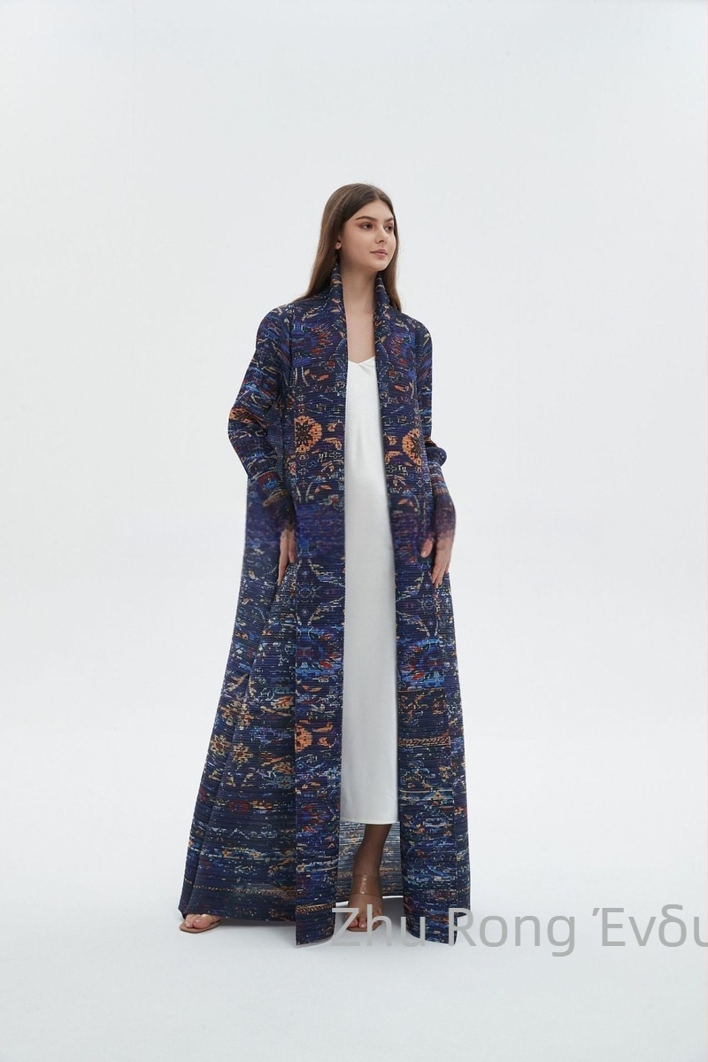 Γυναικεία μακριά αμπάγια με φλοράλ κέντημα, crinkle ύφασμα πολυεστέρα, μακριά μανίκια