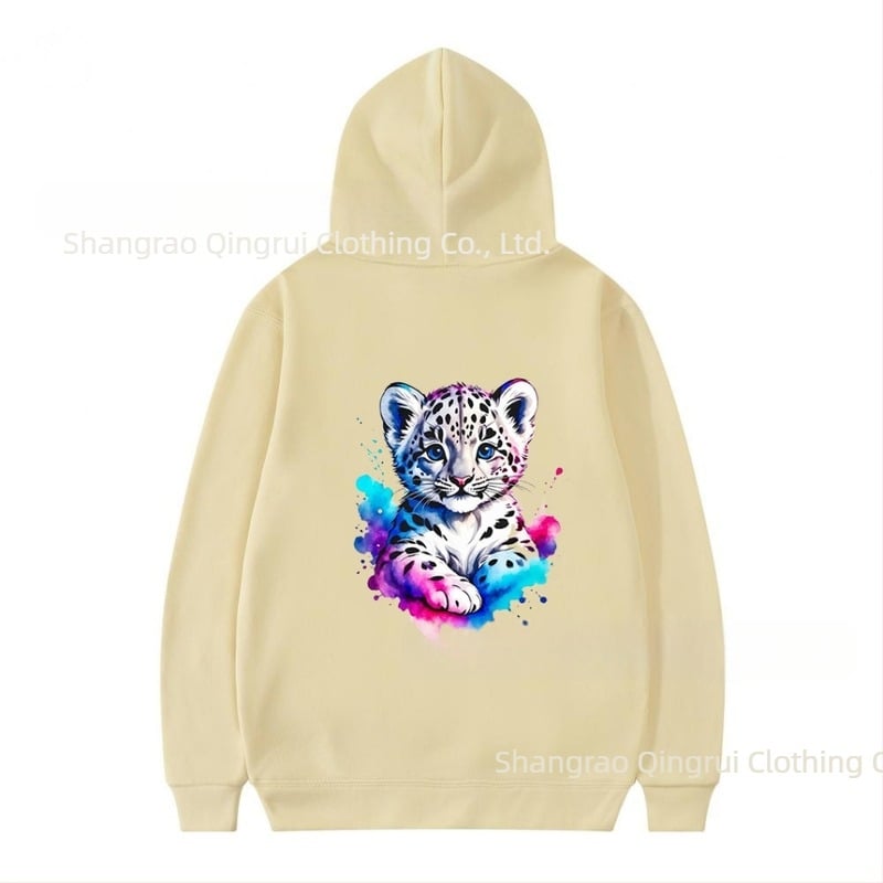 Φούτερ με κουκούλα από πολυεστέρα με επένδυση φλίς, λεοπάρ εκτύπωση, χαλαρή γραμμή, μακριές μανίκια