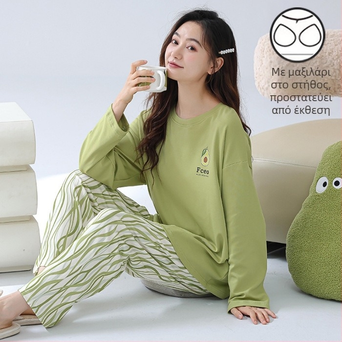 Σετ πιτζάμες για νέες γυναίκες – πολυεστερικό ύφασμα με όψη βαμβακιού, στρογγυλή λαιμόκοψη, μακριά μανίκια, μακριές παντελόνες, άνετο οικιακό ένδυμα, στυλ κινουμένων σχεδίων