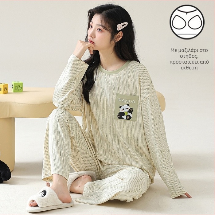 Σετ πιτζάμες για νέες γυναίκες – πολυεστερικό ύφασμα με όψη βαμβακιού, στρογγυλή λαιμόκοψη, μακριά μανίκια, μακριές παντελόνες, άνετο οικιακό ένδυμα, στυλ κινουμένων σχεδίων