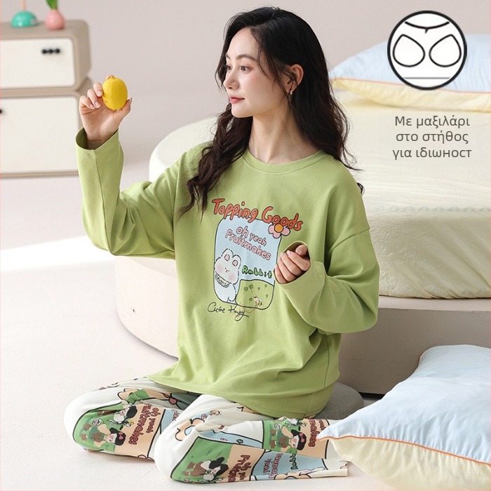 Σετ πιτζάμες για νέες γυναίκες – πολυεστερικό ύφασμα με όψη βαμβακιού, στρογγυλή λαιμόκοψη, μακριά μανίκια, μακριές παντελόνες, άνετο οικιακό ένδυμα, στυλ κινουμένων σχεδίων