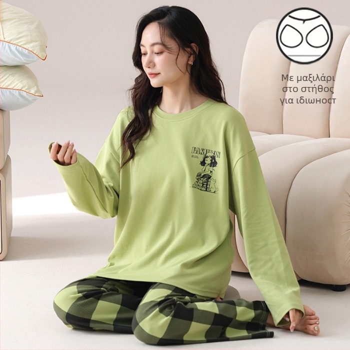 Σετ πιτζάμες για νέες γυναίκες – πολυεστερικό ύφασμα με όψη βαμβακιού, στρογγυλή λαιμόκοψη, μακριά μανίκια, μακριές παντελόνες, άνετο οικιακό ένδυμα, στυλ κινουμένων σχεδίων