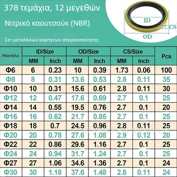 Σετ δακτυλίων O-ring σφράγισης, NBR νιτριλικό καουτσούκ (378 τεμ., σταθερή σφράγιση), Fengyu Electric, κωδικός Dq063