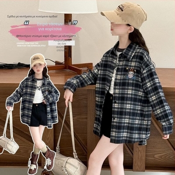 Παιδικό πουκάμισο για κορίτσια με μακριά μανίκια, καρό σχέδιο, ύφασμα από γούνα κουνελιού 80–90%, Άνοιξη 2024