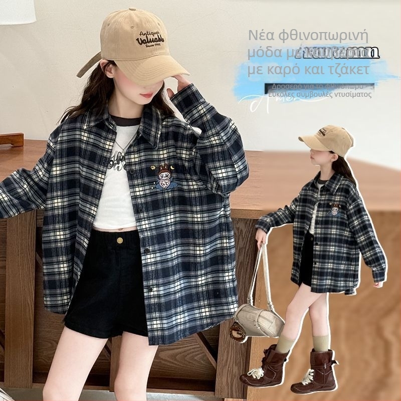 Παιδικό πουκάμισο για κορίτσια με μακριά μανίκια, καρό σχέδιο, ύφασμα από γούνα κουνελιού 80–90%, Άνοιξη 2024