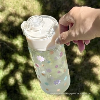 Πλαστικό tumbler νερού με καπάκι κλικ, φλοράλ μοτίβο, υλικό PC, κορεατικό στυλ με λουράκι μεταφοράς, επαναχρησιμοποιήσιμο