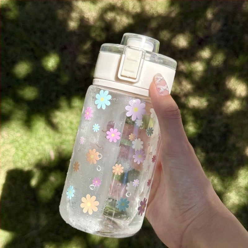 Πλαστικό tumbler νερού με καπάκι κλικ, φλοράλ μοτίβο, υλικό PC, κορεατικό στυλ με λουράκι μεταφοράς, επαναχρησιμοποιήσιμο
