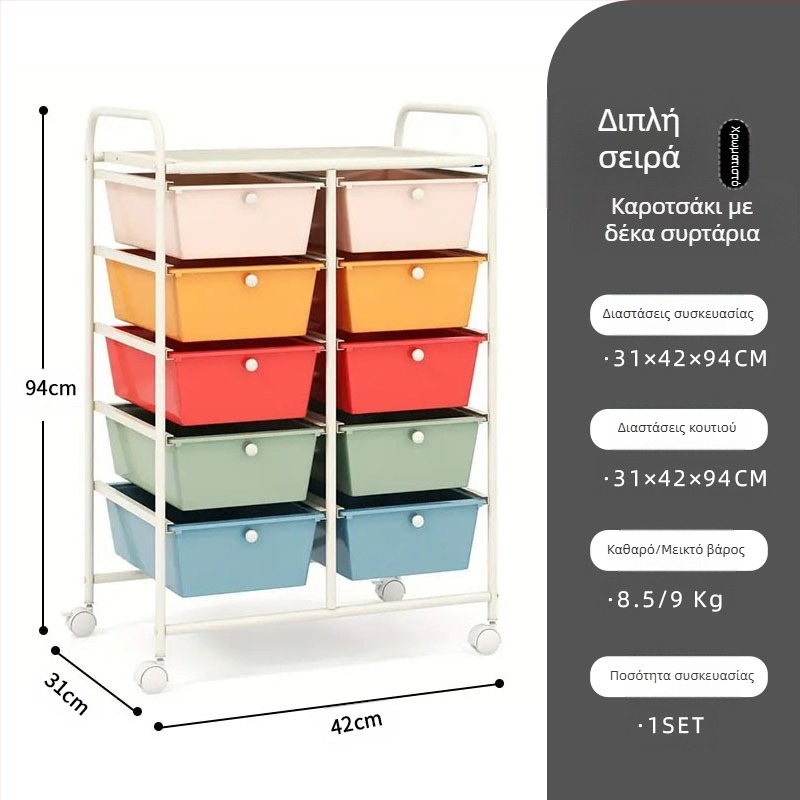 Πλαστικός αποθηκευτικός καρότσι 5 επιπέδων με διπλή σειρά 10 συρταριών, κινητός, με βάση στο πάτωμα