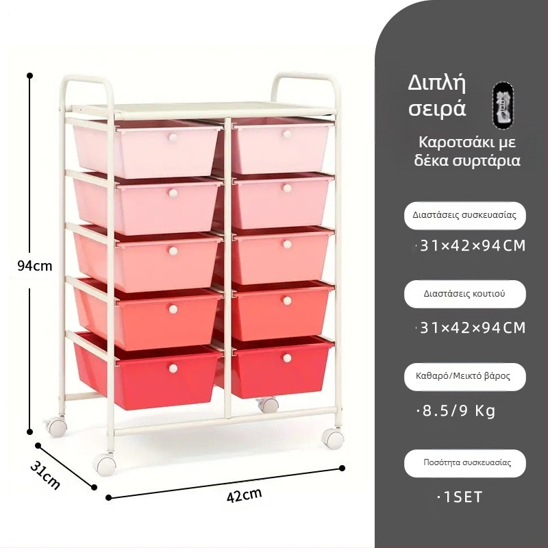 Πλαστικός αποθηκευτικός καρότσι 5 επιπέδων με διπλή σειρά 10 συρταριών, κινητός, με βάση στο πάτωμα
