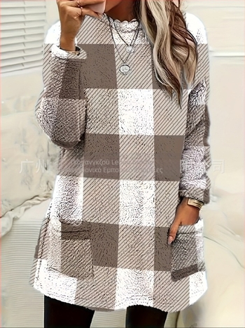 Μακρύ γυναικείος πλεκτός πουλόβερ από πολυεστέρα με καρό μοτίβο, στρογγυλός λαιμός, τσέπη, χαλαρή γραμμή