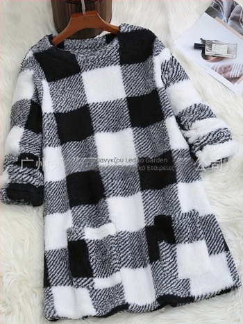 Μακρύ γυναικείος πλεκτός πουλόβερ από πολυεστέρα με καρό μοτίβο, στρογγυλός λαιμός, τσέπη, χαλαρή γραμμή