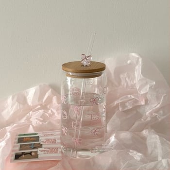 Κούπα από γυαλί μποροσιλικό υψηλής ποιότητας, κυλινδρική, με καλαμάκι και καπάκι, μοτίβο παγετώνα, φορητή.