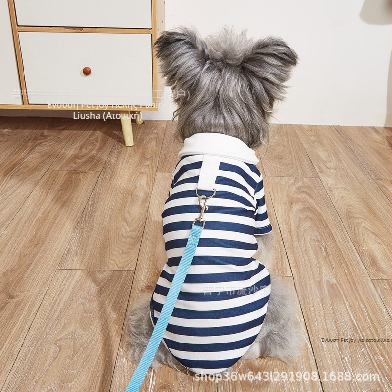 Ριγέ πόλο πουκάμισο για κατοικίδια με κουμπί για λουρί, πολυεστερικό καθημερινό ρούχο σκύλων και γάτων
