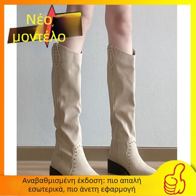Γυναικείες δυτικής μόδας καουμπόϊ μποτάκια, με ψηλό shaft, στρογγυλή μύτη, slip-on, Ultra-Fine Fiber επάνω μέρος, σόλα από καουτσούκ