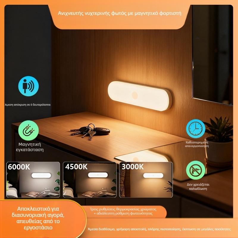 HY-P03 LED Φως ντουλαπιού με αισθητήρα κίνησης, μαγνητική τοποθέτηση σε λωρίδα, εύρος ανίχνευσης 120°, τροφοδοσία USB 5V