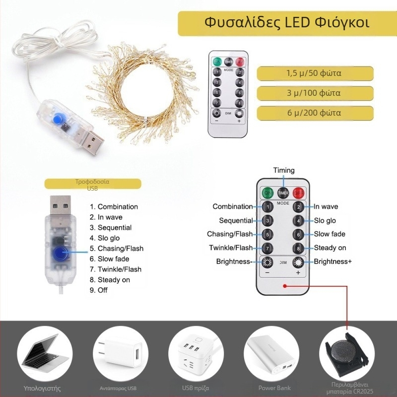 LED νήμα φωτός από χαλκό με USB τροφοδοσία, τηλεχειριστήριο, 5V, λαμπάκια σε μορφή πυροτεχνήματος