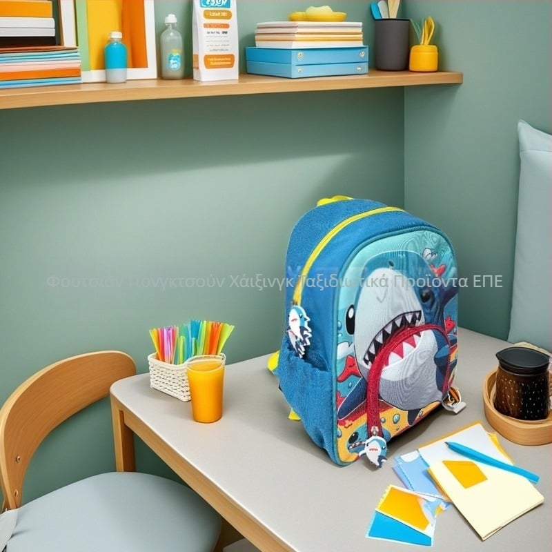 Παιδικό σακίδιο νηπιαγωγείου με τύπωμα καρχαρία, Oxford ύφασμα, διαπνέον και ανθεκτικό στη φθορά, καμπύλες ιμάντες ώμου