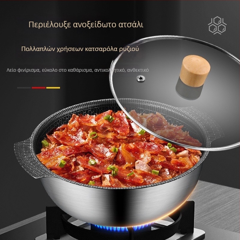 Σετ πολλαπλών χρήσεων από ανοξείδωτο ατσάλι με διπλά χέρια — μπολ σαλάτας, μπολ νούντλς, μπολ ψησίματος; συμβατό με επαγωγή και αέριο; αντικολλητικό, χωρητικότητα 1,1–2L