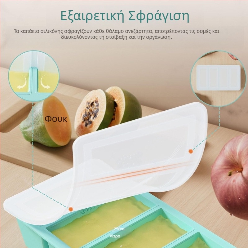 Δίσκος κατάψυξης από σιλικόνη με καπάκι, 4 διαμερίσματα, για οικιακή αποθήκευση τροφίμων