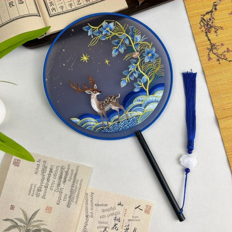 Suzhou Embroidery Κυκλικός ανεμιστήρας από μετάξι – διπλής όψης κεντημένος, κινεζικού στυλ, κλασικός χορευτικός ανεμιστήρας