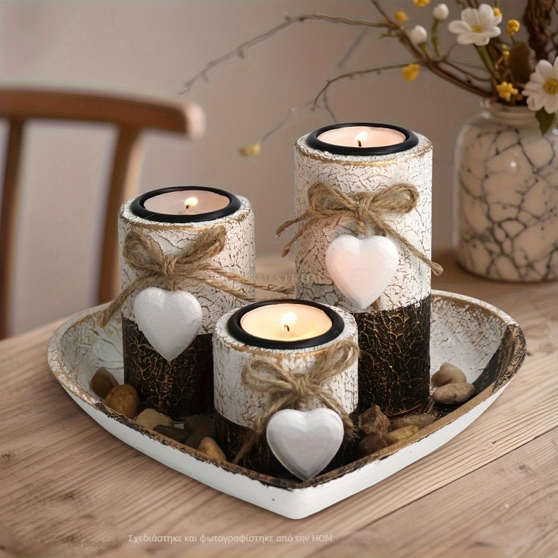 Σετ κηροπήγια καρδιάς από ξύλο με δίσκο διακόσμησης για το σπίτι, πολύχρωμο μωσαϊκό