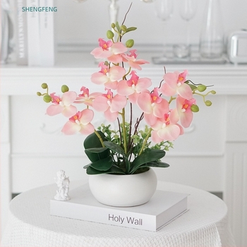 Phalaenopsis τεχνητή ορχιδέα σε κεραμική γλάστρα – σύνθεση από μεταξωτά άνθη με υφή κόλλας για διακόσμηση σαλονιού