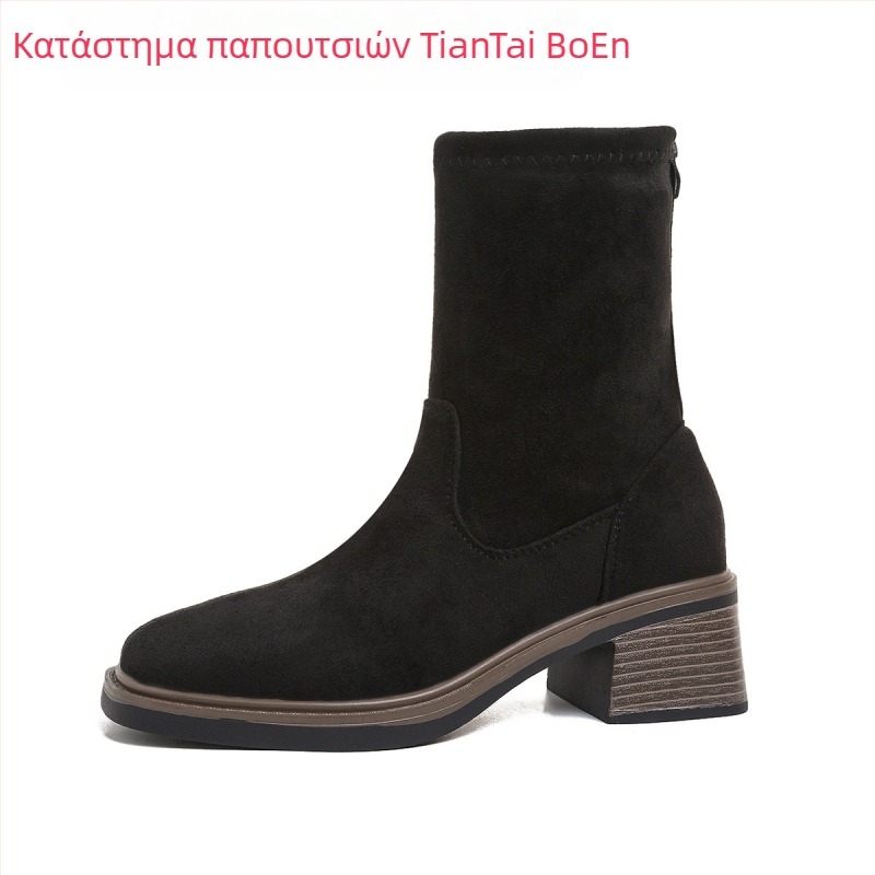 Γυναικεία μποτάκια αστραγάλου με φερμουάρ πίσω, σουέ, στρογγυλή μύτη, μεσαίο τακούνι, φθινοπωρινά-χειμερινά, μεγάλο μέγεθος