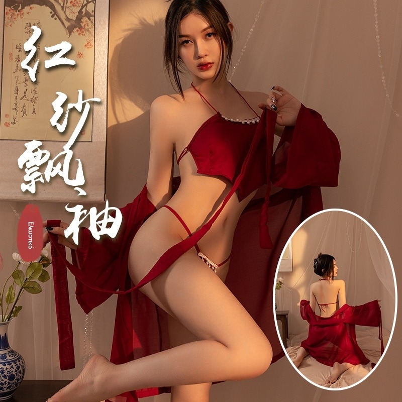 Σεξουαλικό σετ εσωρούχων σε στιλ Hanfu, διάφανη πλέξη με πλέγμα και κοντή φούστα
