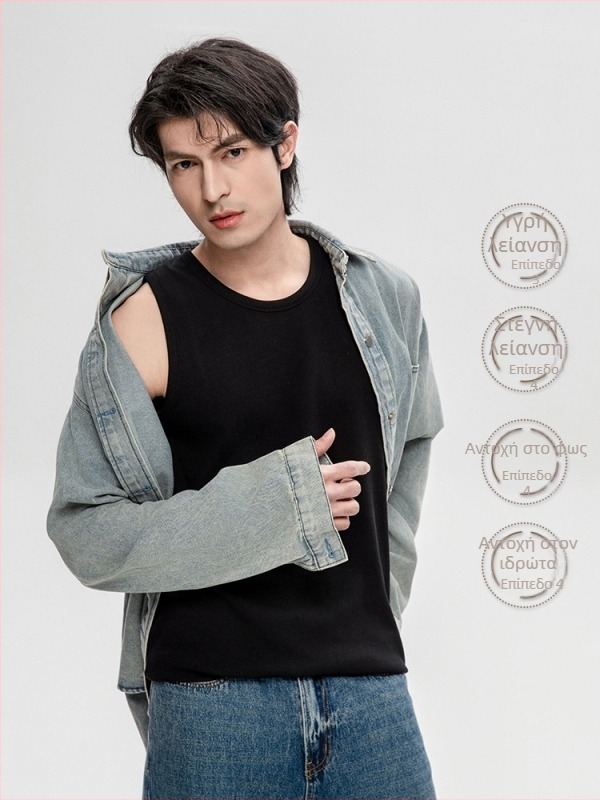 Βαμβαρούχο T‑shirt χωρίς μανίκια με λαιμό τύπου κουτάλι και ραβδωτό πλέξιμο, αθλητικό γιλέκο για άνδρες και εφήβους