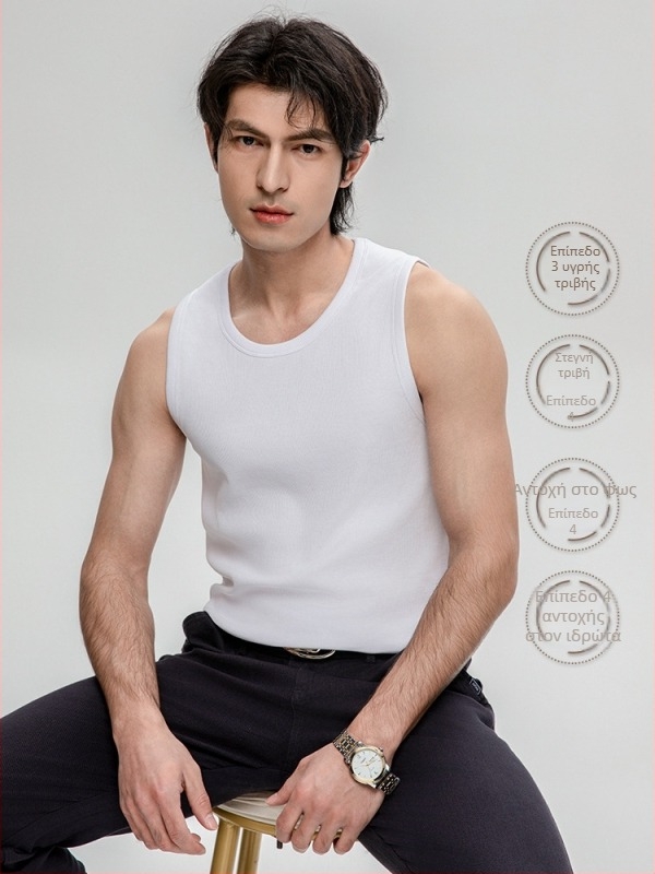 Βαμβαρούχο T‑shirt χωρίς μανίκια με λαιμό τύπου κουτάλι και ραβδωτό πλέξιμο, αθλητικό γιλέκο για άνδρες και εφήβους