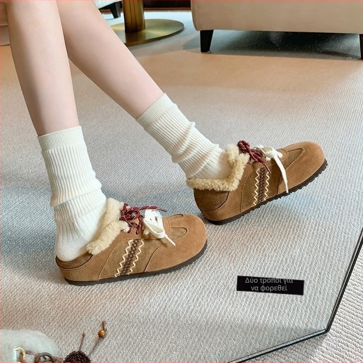 Καστανόχρωμοι loafers με κρυφό ύψος και μαλακό γούνινο εσωτερικό, γυναικείες ρετρό παπούτσια σε στυλ Birkenstock, βαμβακερά παπούτσια