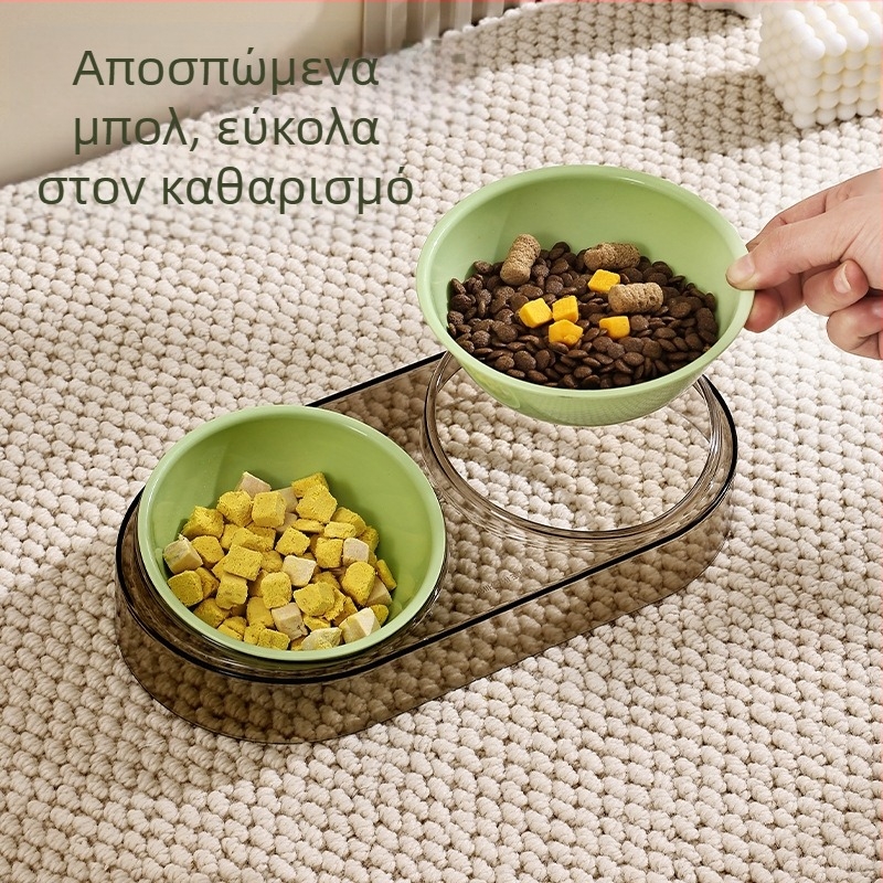 Πολύχρωμο διπλό μπολ γάτας για φαγητό και νερό, με προστασία του λαιμού