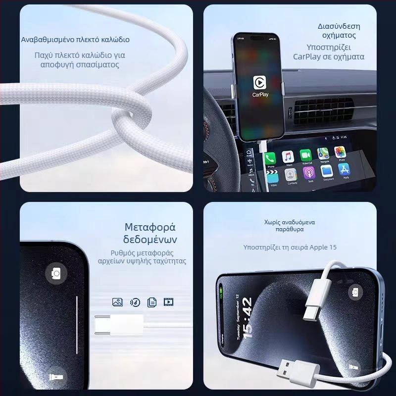 Πλεκτό USB-C καλώδιο δεδομένων για Apple iPhone 15–17 Pro, φορτιστής αυτοκινήτου, καλώδιο Type-C γρήγορης φόρτισης