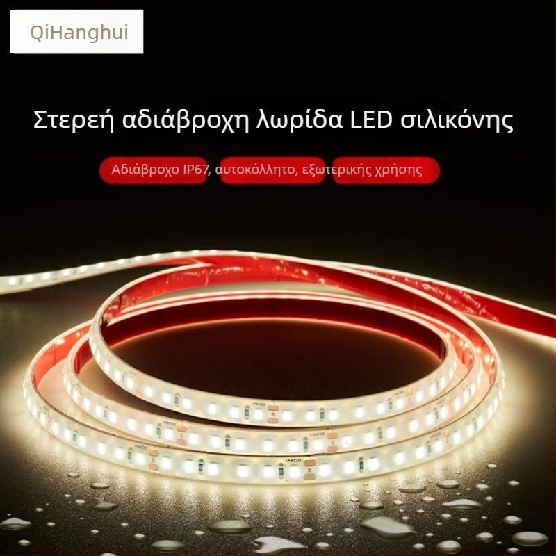 Εξωτερική 24V αδιάβροχη λωρίδα LED, σιλικόνης, IP67 αυτοκόλλητη, 120×2835 LEDs, δέσμη 180°, χαμηλή τάση, υψηλής φωτεινότητας βιομηχανικού τύπου
