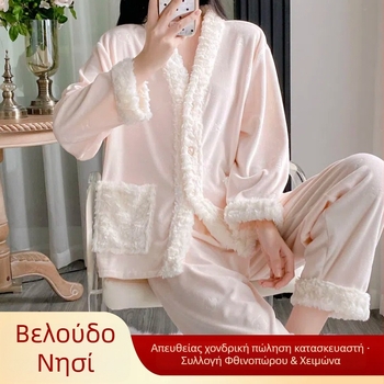 Σετ γυναικείων πιτζάμες από βελούδο νησιού για φθινόπωρο-χειμώνα, με μακριά μανίκια και παντελόνια, ζεστό και άνετο