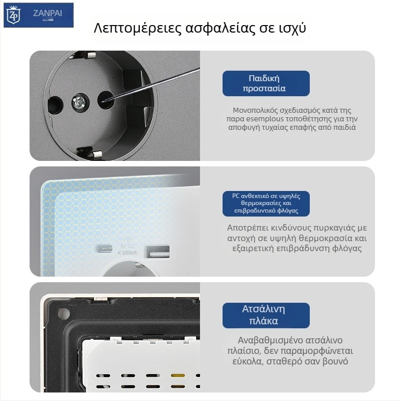 Zan Brand Κρυφή τοίχου πρίζα σύμφωνα με το ευρωπαϊκό πρότυπο τύπου 86, 16A, USB-A και Type-C 2A