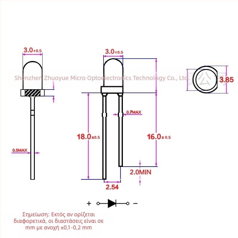 Δείκτης LED με άμεση σύνδεση, 3 mm κόκκινο LED, υψηλή φωτεινότητα, F3