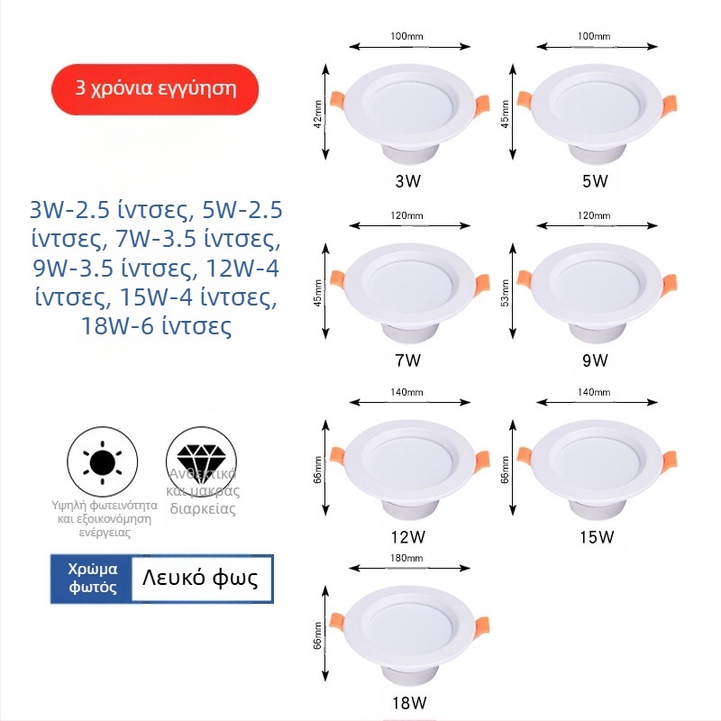 Υπερλεπτό ενσωματωμένο LED downlight, αντιθαμβωτικός φωτισμός, τρίχρωμη ρύθμιση φωτός, εσωτερική χρήση, 2,5 ίντσες