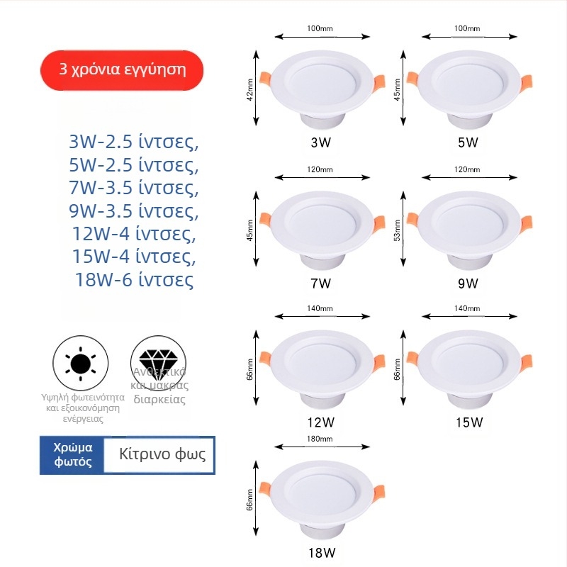 Υπερλεπτό ενσωματωμένο LED downlight, αντιθαμβωτικός φωτισμός, τρίχρωμη ρύθμιση φωτός, εσωτερική χρήση, 2,5 ίντσες