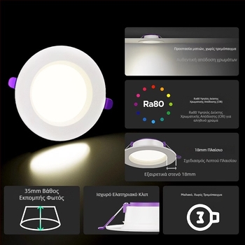 LED downlight για οροφή, 5W/9W/12W για σαλόνι, ενσωματωμένο φωτιστικό με άνοιγμα 7,5 cm, 220V, θερμοκρασία χρώματος 6500K/4000K/3000K