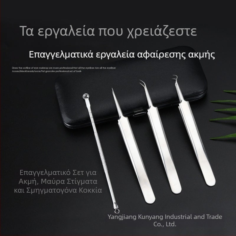 Κλιπ ακμής από ανοξείδωτο ατσάλι με ηλεκτροπλατίωση και βελόνα για μαύρα στίγματα – σετ τεσσάρων τεμαχίων