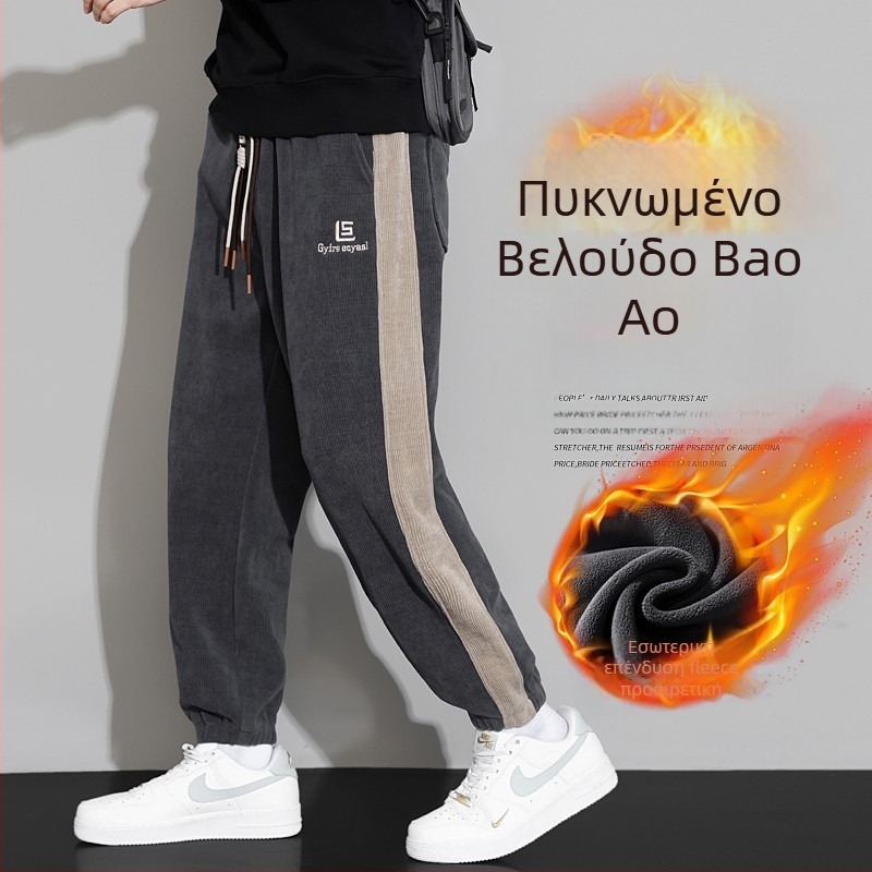 Ανδρικές παντελόνες corduroy με fleece επένδυση, χονδρωμένες, ελαστική μέση με κορδόνι, plus-size, ανθεκτικές για εργασία φθινόπωρο-χειμώνα