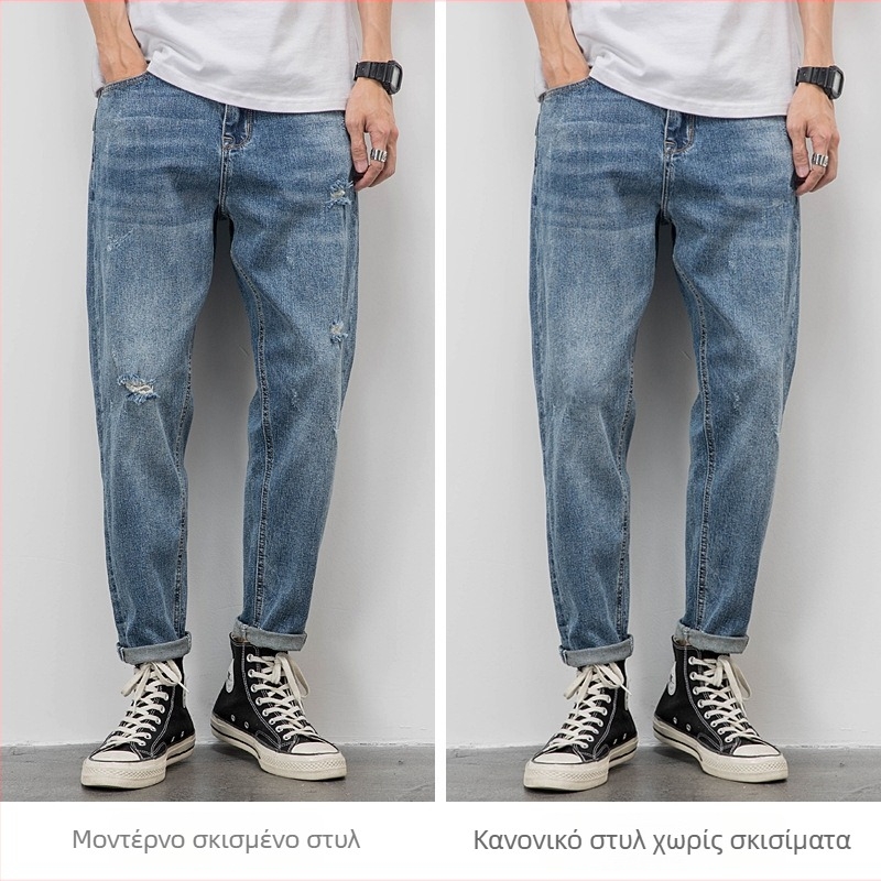 Ανδρικά τζιν denim σε ανοιχτό χρώμα με πλύσιμο – χαλαρή ίσια γραμμή, σκισμένες λεπτομέρειες, κοντό μήκος, στενότερα στα μπατζάκια, ελαστική μέση, άνοιξη.