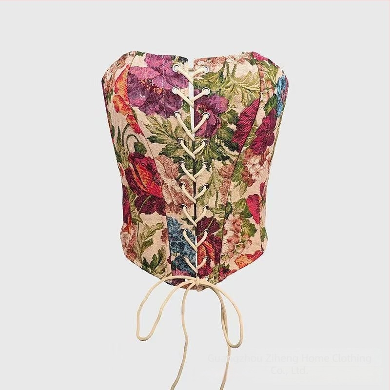 Τοπ strapless με εκτύπωση λαδογραφίας, ρετρό στυλ, στενή εφαρμογή, κοντό μήκος