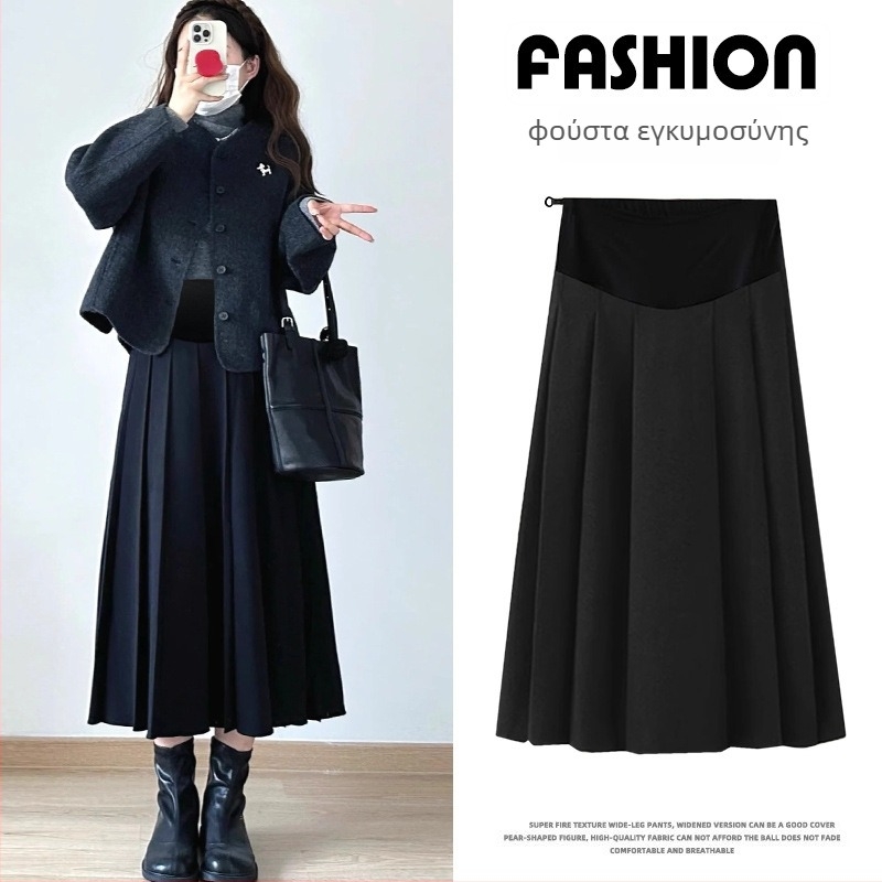Για εγκύους: πλισέ φούστα μέσου μήκους από μαλλί με Α-γραμμή και κάλυψη ισχίων, 95%+ περιεκτικότητα μαλλιού, απλός ιστός, χειμερινό στυλ