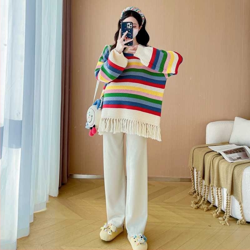 Εγκυμοσύνης πλεκτό πουλόβερ από κάνναβη, χαλαρή γραμμή, στρογγυλό λαιμό, πεσμένοι ώμοι, με κουκούλα