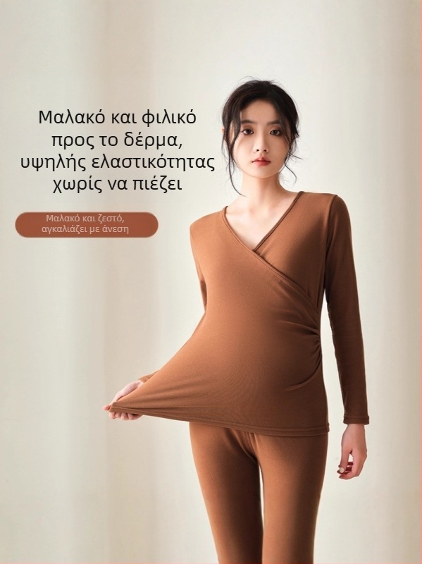 Σετ θερμικού εσωρούχου για εγκύους τον χειμώνα, περίοδο μετά τον τοκετό και θηλασμού, με επένδυση φλίς και παχύ ύφασμα