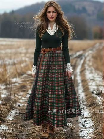 Μακριά φούστα με patchwork καρό ύφασμα, πολυεστέρας, φθινοπωρινό-χειμερινό στυλ λογοτεχνικό ρετρό αγροτικό