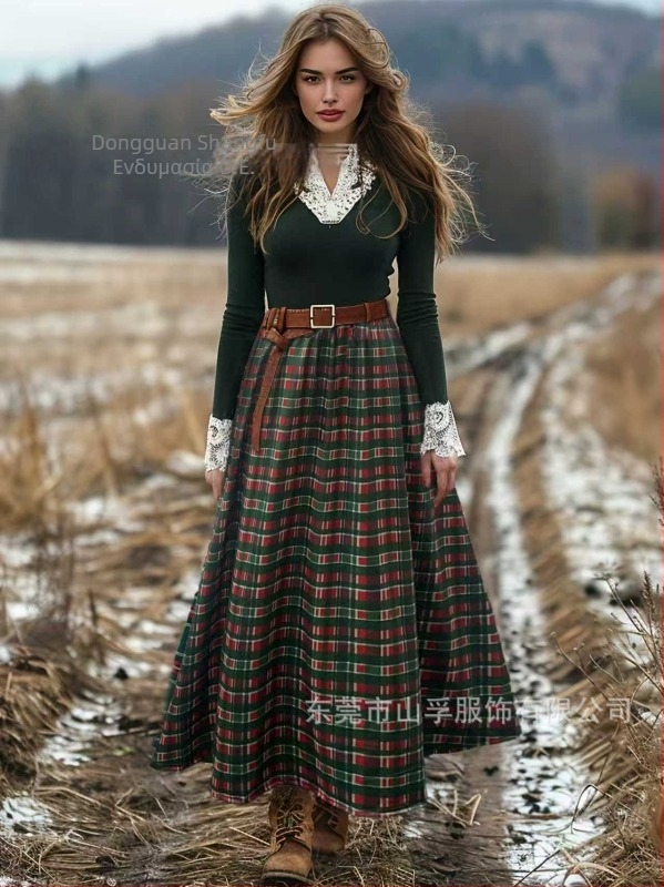 Μακριά φούστα με patchwork καρό ύφασμα, πολυεστέρας, φθινοπωρινό-χειμερινό στυλ λογοτεχνικό ρετρό αγροτικό