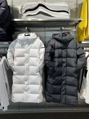 Unisex μπουφάν από πούπουλο με κουκούλα για τον χειμώνα, μεσαίου μήκους, μονόχρωμο, γέμισμα από λευκό πούπουλο πάπιας 86–90%, 150–200 g, εξωτερικό νάιλον, επένδυση πολυεστέρα, φερμουάρ, ριμπ τελειώματα, μήκος 65–80 cm